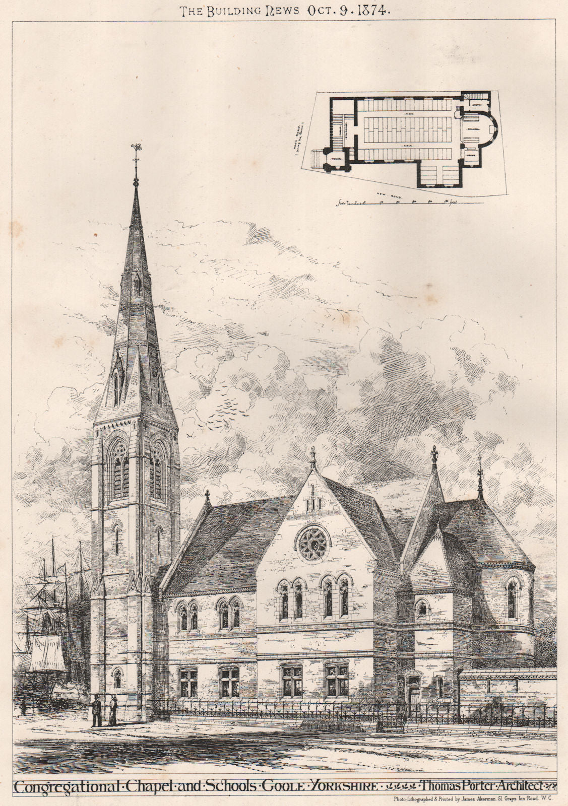 Congregational Chapel & Schools, Goole, Yorkshire; Thomas Porter 1874 print